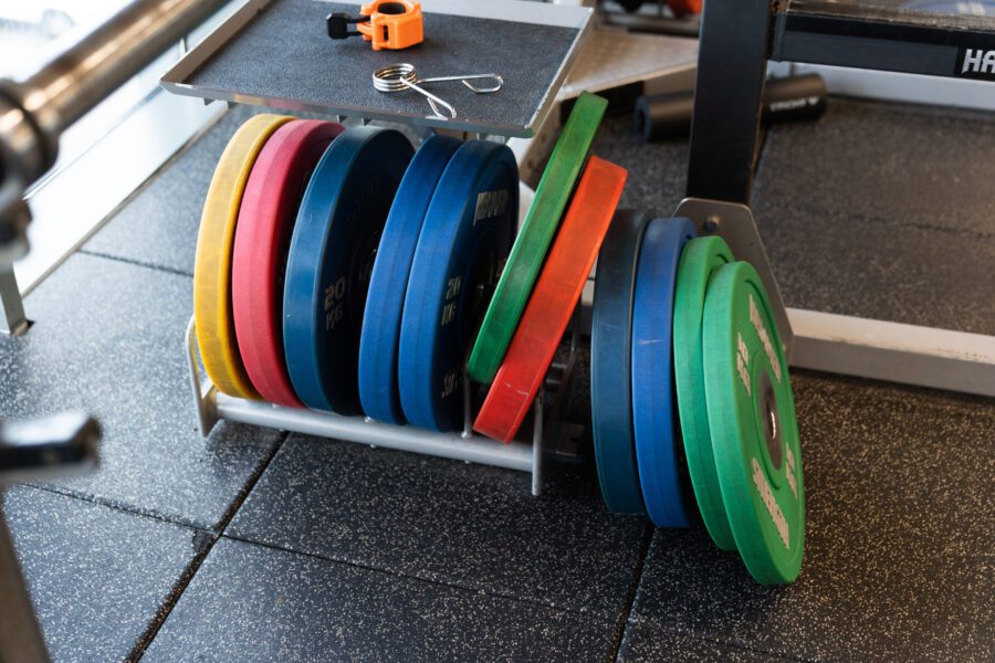 multi coloured weight plates in a row