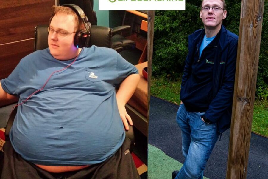 A before and after shot of David from when we weighed 32 stone to when he weight 14 stone