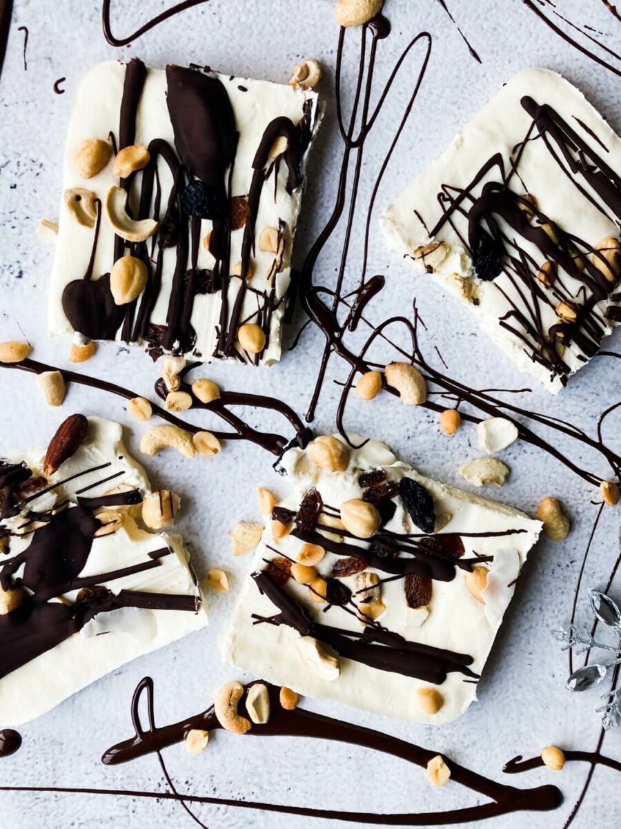 Yoghurt bark slices with nuts on top