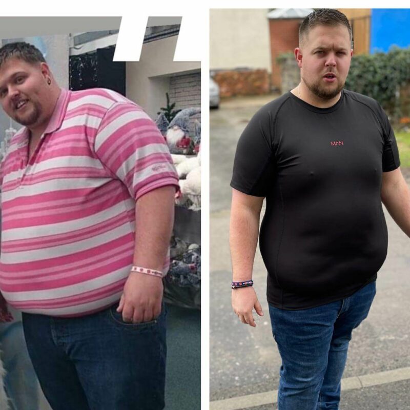 A before and after of a man standing facing the camera. The image on the right is of Shane 10 stone lighter