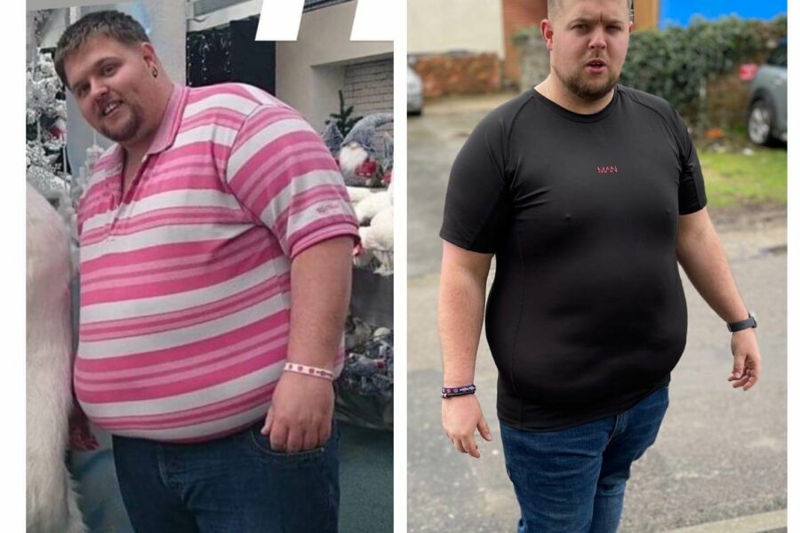 A before and after of a man standing facing the camera. The image on the right is of Shane 10 stone lighter